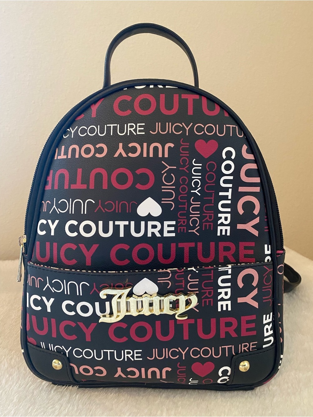 Juicy Couture Black Mini Backpack with Pink and White Logo Print